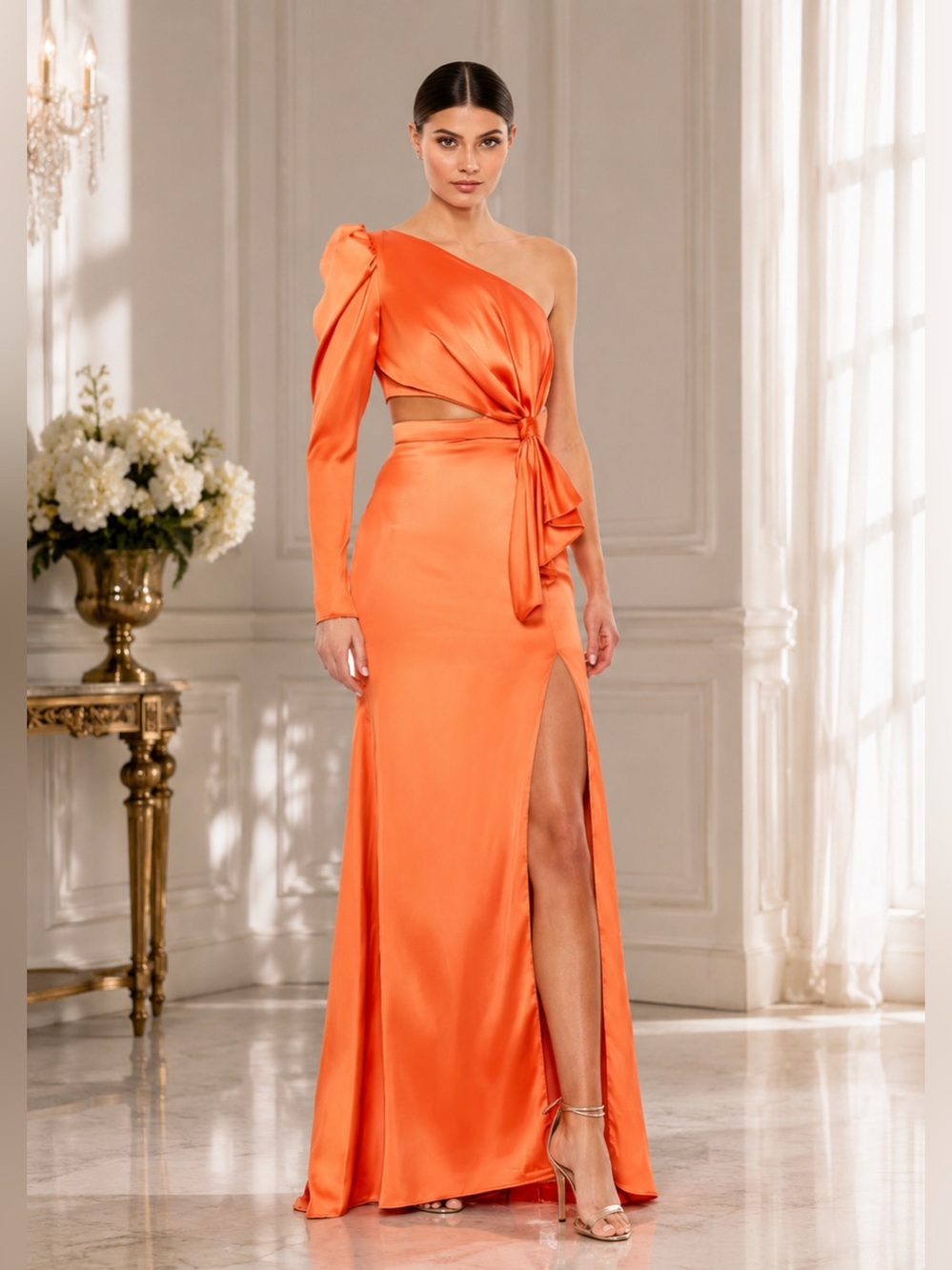 MAC DUGGAL Orange Puff One Sleeve Cut Out Side Knot Gown – Size 6 – Style 49570